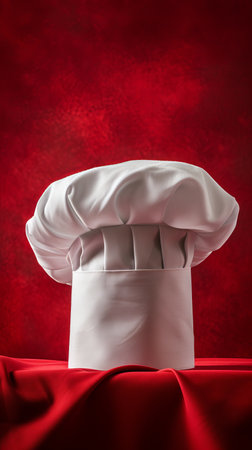 White chef hat on red velvet fabric, culinary professionalism conceptの素材