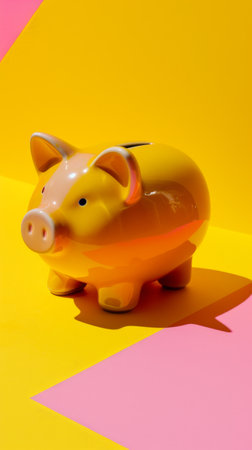 Yellow piggy bank on vibrant yellow and pink background, financial savings conceptの素材