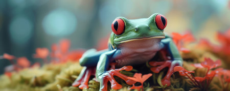 Close-up of a vibrant red-eyed tree frog against colorful foliage, macro photography. Nature and wildlife conceptの素材
