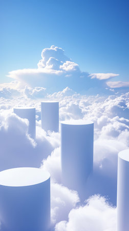 Cylindrical structures emerging from clouds with bright skyの素材
