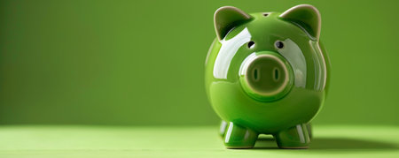 Green piggy bank on green background, close-up. Saving money and finance conceptの素材