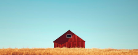Red barn in golden wheat field under clear blue sky, rural landscape. Countryside serenity and simplicity conceptの素材