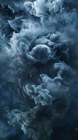 Abstract blue smoke swirling in dark backgroundの素材