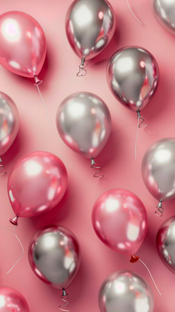Pink and silver balloons on a pink background, festive pattern. Celebration and party conceptの素材