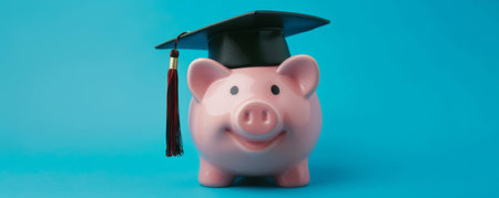 Pink piggy bank wearing graduation cap on blue background, education savings conceptの素材