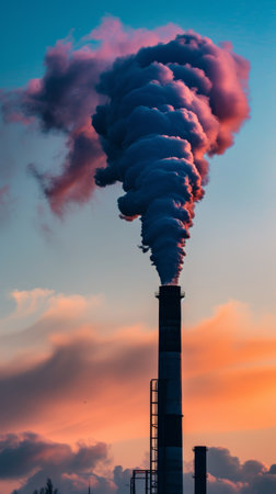 Industrial smokestack emitting smoke against a colorful sunset sky, environmental pollution conceptの素材
