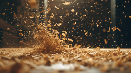 Wood shavings flying in workshop, close-up view. Carpentry and craftsmanship conceptの素材