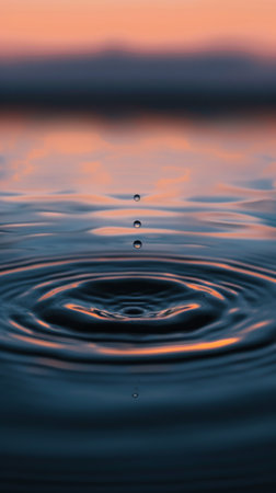Water droplet impact creating ripples at sunsetの素材