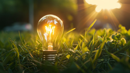 Light bulb glowing in grass at sunset, nature and innovation conceptの素材