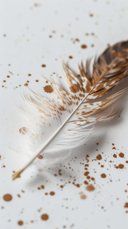 Feather with brown spots on white background, macro photography.の素材