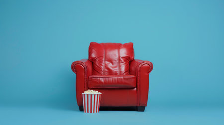 Red leather armchair with popcorn on blue background, studio shot. Home entertainment and comfort conceptの素材