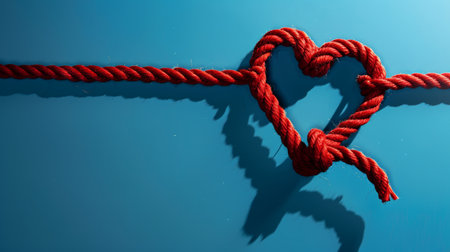 Red rope tied in a heart shape on blue background, shadow reflection. Love and connection conceptの素材