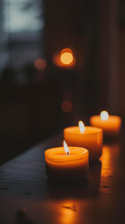 Candlelit ambiance with three burning candles in a dark setting, cozy and tranquil mood conceptの素材