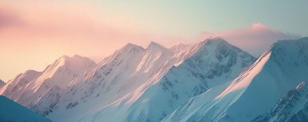 Snow-capped mountain range under pink and blue sky, scenic winter morning. Nature and tranquility conceptの素材
