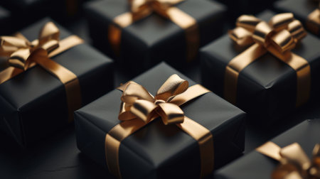 Black gift boxes with golden ribbons, close-up view. Special occasion and luxury conceptの素材