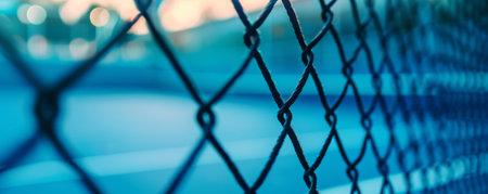 Chain link fence with blurred tennis court background, close-upの素材