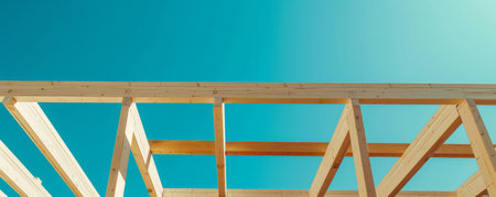 Wooden framework of house against clear blue sky, construction and architecture conceptの素材