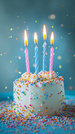 Birthday cake with lit candles and sprinkles, celebration conceptの素材
