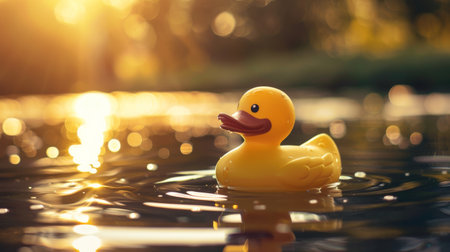 Yellow rubber duck floating on water with bokeh lights during sunsetの素材