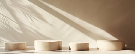 Minimalist wooden pedestals with natural light and shadowsの素材