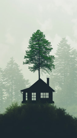Silhouette of house with tree on top in misty forestの素材