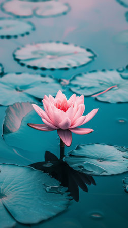 Pink lotus flower in a tranquil pond, close-up view. Nature and serenity conceptの素材