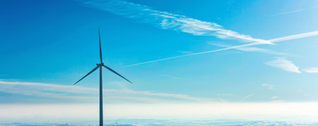 Wind turbine against a clear blue sky amidst a vast landscape, renewable energy and sustainability conceptの素材