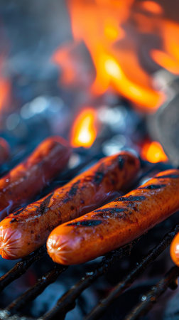 Grilled sausages on barbecue with flamesの素材