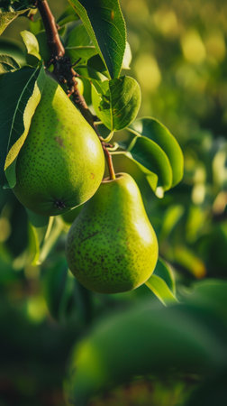 Close-up of ripe pears on a tree branch, orchard harvest. Fresh and organic food conceptの素材