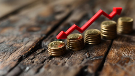 Stack of coins with upward red arrow on rustic wooden background, financial growth conceptの素材