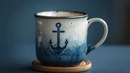 Ceramic mug with anchor design on wooden coaster, nautical themeの素材