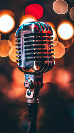 Close-up of vintage microphone with colorful bokeh background, music and performance conceptの素材