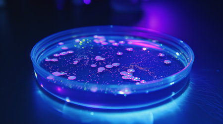 Petri dish with bacterial colonies glowing under UV light in laboratory, microbiology research conceptの素材