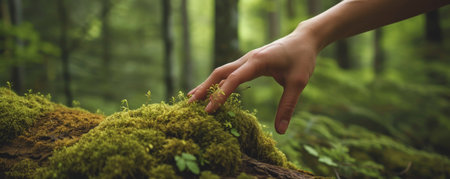 Hand touching moss in lush forest, close-up. Nature connection and mindfulness conceptの素材