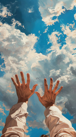 Hands reaching towards the cloudy blue sky, dream and freedom conceptの素材