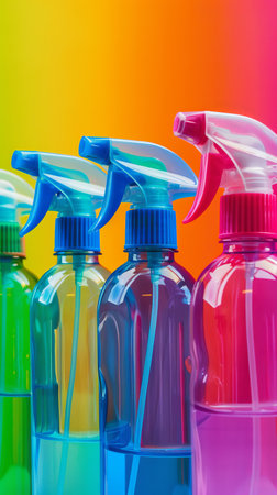 Colorful spray bottles against a vibrant rainbow gradient backgroundの素材