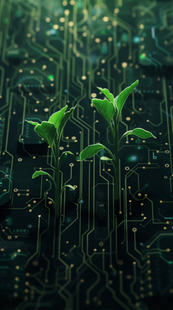 Young plants growing on a circuit board, symbolizing green technology and sustainabilityの素材