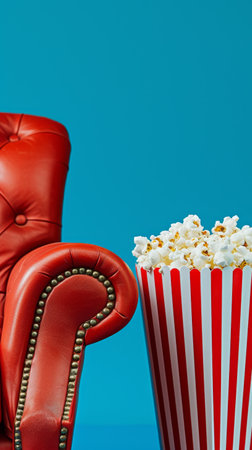 Red leather armchair beside a popcorn bucket on a blue background, movie theater conceptの素材