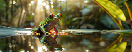 Red-eyed tree frog perched on a leaf with reflection on the water, rainforest ambiance. Wildlife and nature conceptの素材
