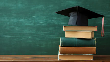 Graduation cap on a stack of books with a green chalkboard backgroundの素材