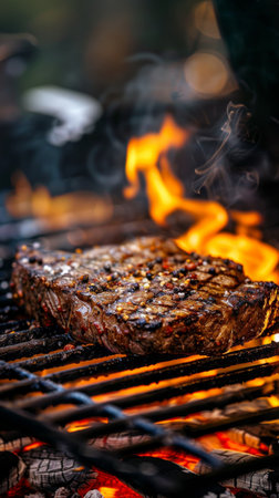 Grilled steak with peppercorns and flames, close-up. Barbecue cooking and culinary conceptの素材