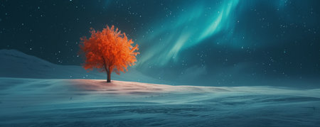 Lone red tree on snowy landscape under aurora borealis, night scenery. Mystical nature and tranquility conceptの素材