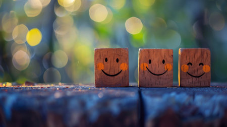 Wooden blocks with smiling faces against a bokeh background, cheerful and happiness conceptの素材