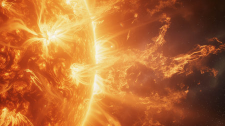 Sun with solar flares and space background, astronomy conceptの素材