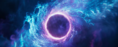 Abstract glowing circular portal with neon energy swirl in space, futuristic conceptの素材
