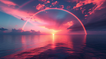 Sunset over ocean with dramatic clouds and rainbow, serene natural beauty conceptの素材