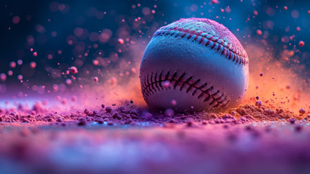 Baseball in colorful powder explosion, sports action. Sports and artistic expression conceptの素材
