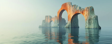 Rock formations with arches reflected in calm water, surreal landscapeの素材