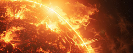 Close-up view of blazing sun emitting solar flares into space, vibrant astronomical phenomenonの素材
