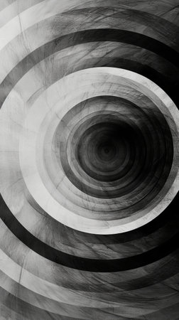 Abstract black and white concentric circular pattern with textured gradients, geometric art conceptの素材